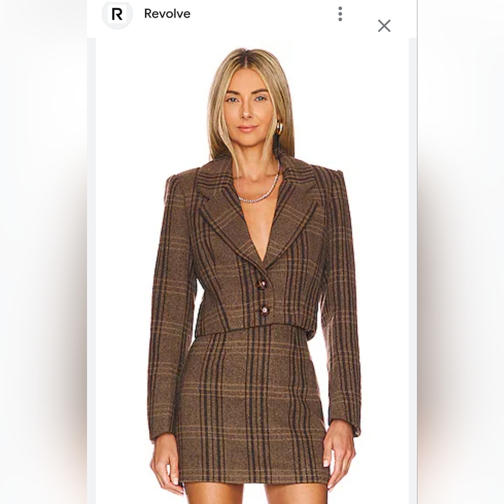 ASTR‎ The Label Plaid Cropped Blazer Brown Check Wool Look Jacket NWT S